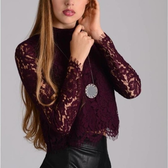 Chaser NWT Vintage Lace Scallop Long Sleeve Mock Turtle Crop Top Cabernet Medium - Picture 1 of 8